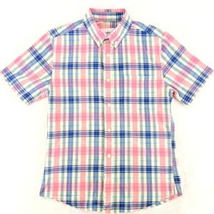 Goodfellow Mens Small Short Sleeve Plaid Button Down Preppy Shirt Pink Blue